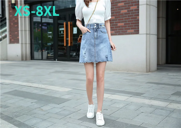 

New summer light blue high waist denim skirt Little daisy plus size stretch skirt Women's thin raw edge ripped skirt XS-8XL