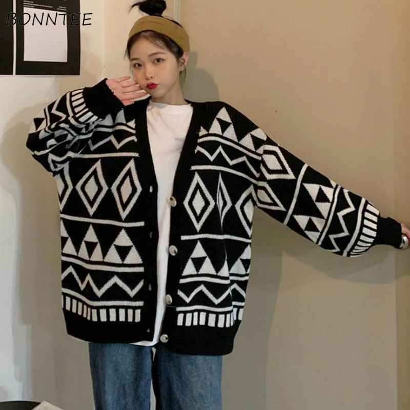 

Женский кардиган оверсайз с геометрическим рисунком, однобортный Универсальный свитер в Корейском стиле, в стиле Харадзюку, Ulzzang, на осень