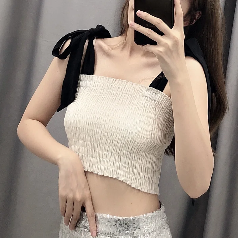 Индивидуальный Женский короткий летний топ 2019 Новая мода черный бант ремень