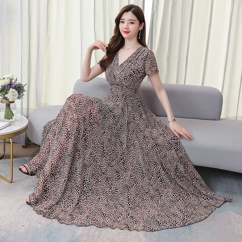 

Summer Maxi Dress Fashion Women Leopard Print Sexy V-neck Thin Chiffon Floral BohoTropical Party Elegant Runway Dresses Vestidos