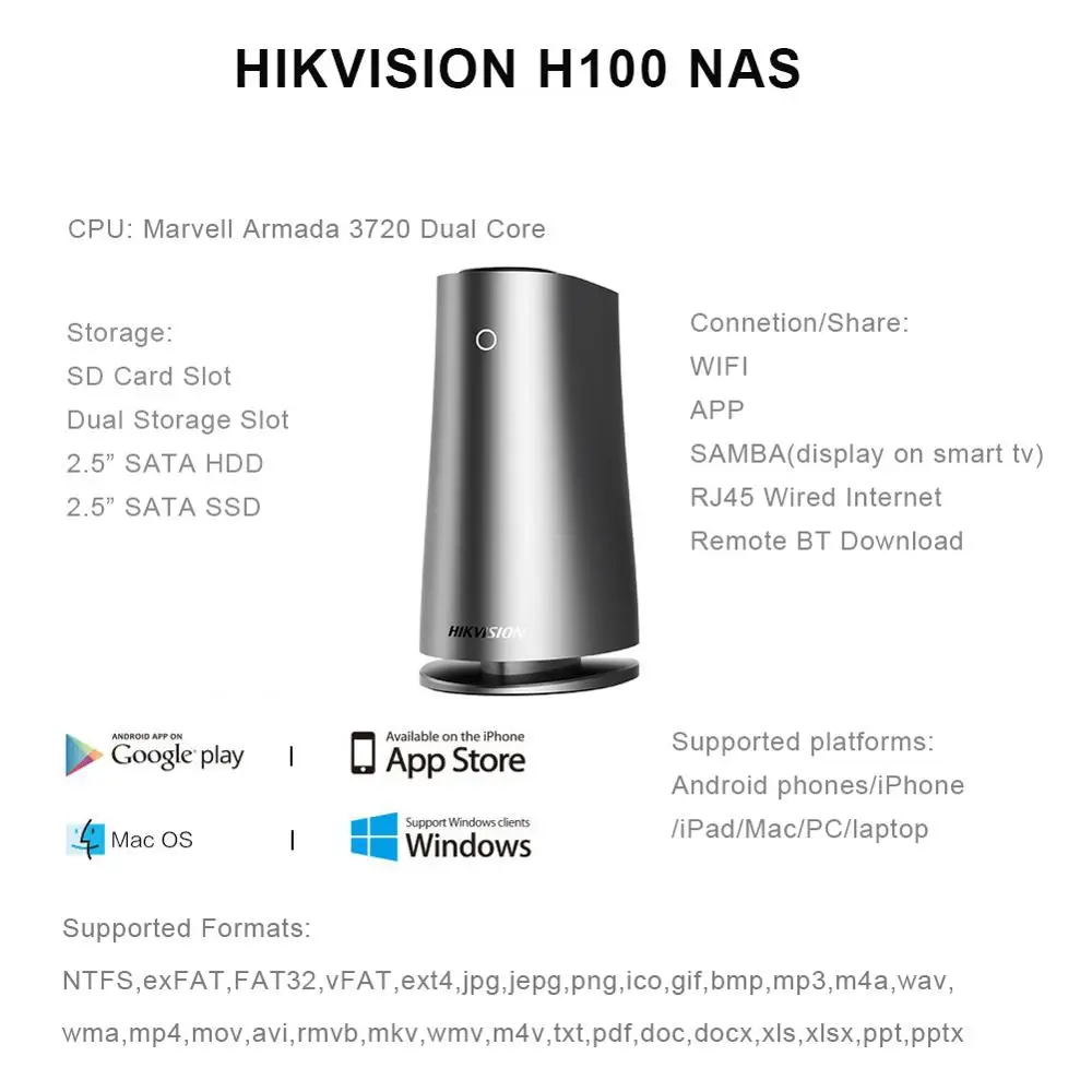 HIKVISION H100 внешний корпус для жесткого диска NAS Wi-Fi сеть, закрытое облако, предназначенное для дома/малого и среднего бизнеса, поддерживает высокую емкость до 8 ТБ