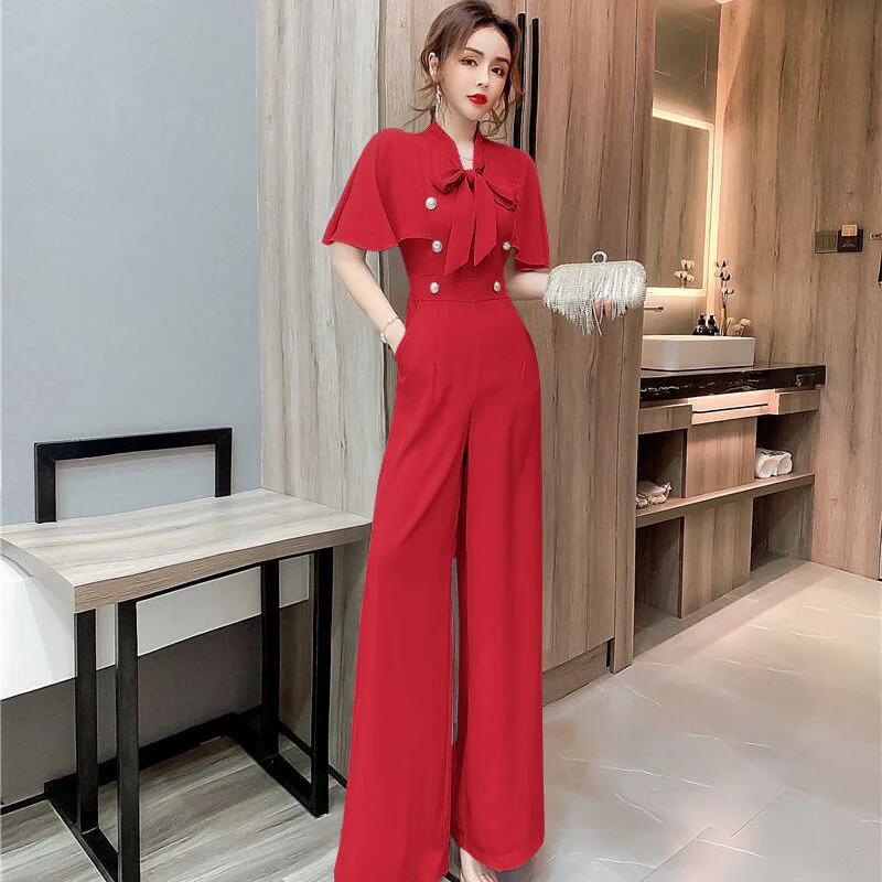 Spring Ladies Short Sleeve Bow lace up collar Solid Jumpsuits High Waist double breasted Women Casual Wide Leg Rompers