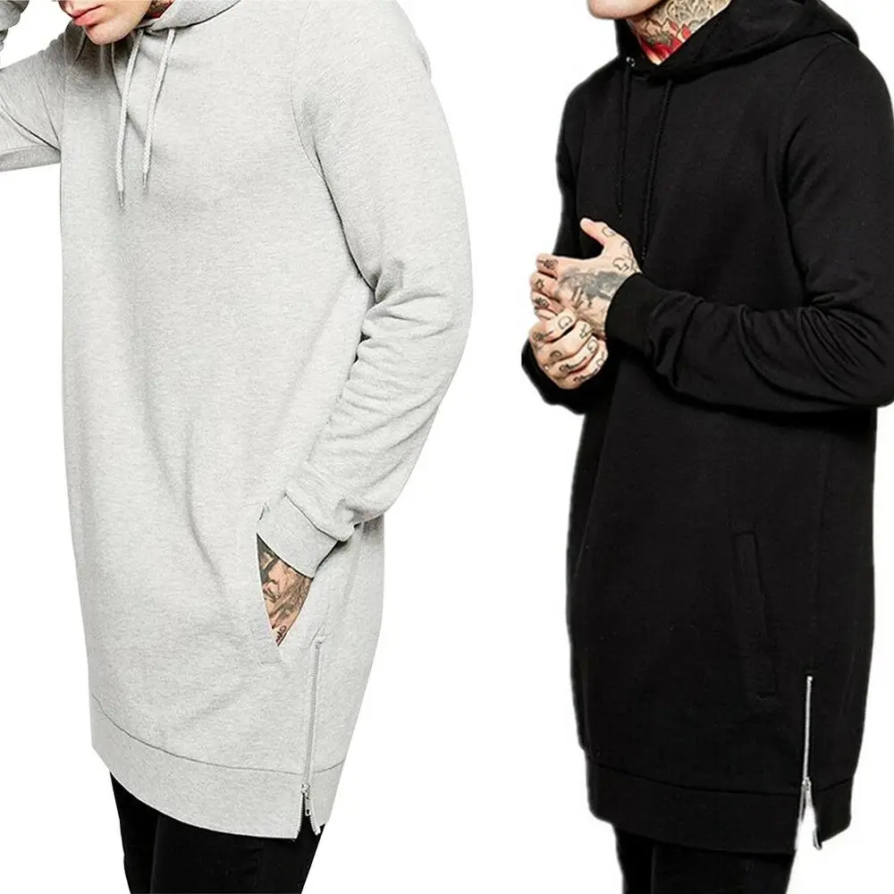 

Men's Long Line Hoodie Pullover Fleece w/ Side Zipper Hip-hop Hooded Sweatshirt Black Gray New