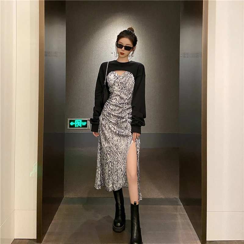 

Miss Don't Korean Chic Autumn New Long Sleeve Sweater Shawl + Split Zebra-stripe Suspender Skirt Two-Piece Set