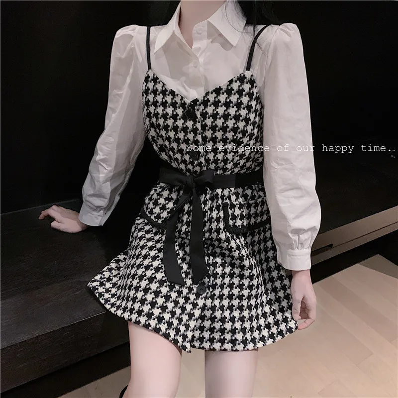 

Korean Fashion Women 2PC Dress Suit Slim Chic Two Piece Dress Sets Puff Sleeve White Shirt+Plaid Strap Mini Skirt Sets Outfits