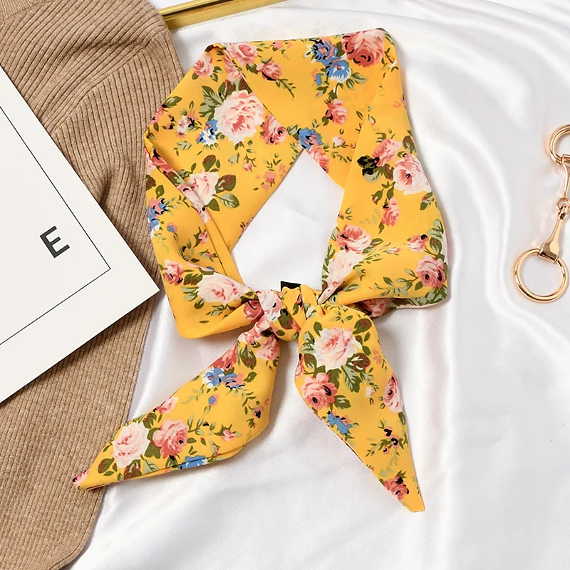 

Women Multifunction Polyester Silk Scarf Cute Red Rose Floral Cashew Printed Summer Satin Long Bag Handle Wraps Scarves for Girl