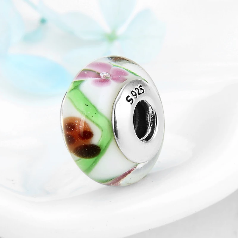 Стерлинговое Серебро 925 пробы цветок Божья коровка яркие муранские стеклянные