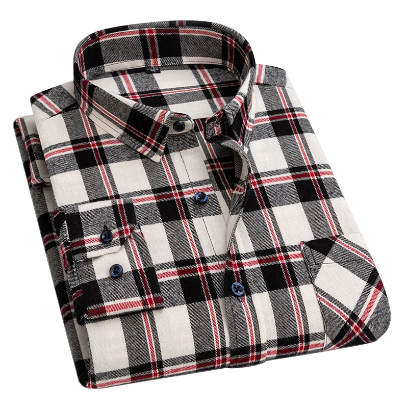 

Aoliwen Autumn 100% Cotton Oversized Long Sleeve Shirts For Men Clothing Flannel Quality Pocket Plaid Shirts camisas de hombre