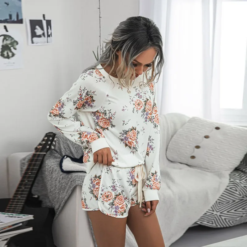 

Casual Floral Printed Pijamas Sets Women Cozy Home Wear Suits Round Neck Female Sleepwear Soft Long Sleeve Pyjama Pour Femme