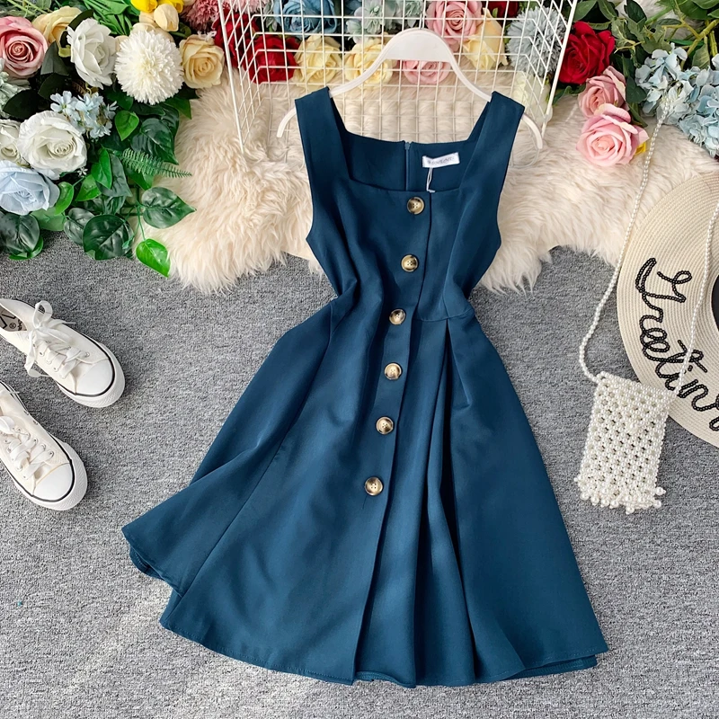 Винтажное тонкое летнее осеннее короткое платье на пуговицах, vestido de festa, сарафан на бретелях, Повседневные Вечерние женские платья трапециевидной формы с высокой талией - Цвет: mo green