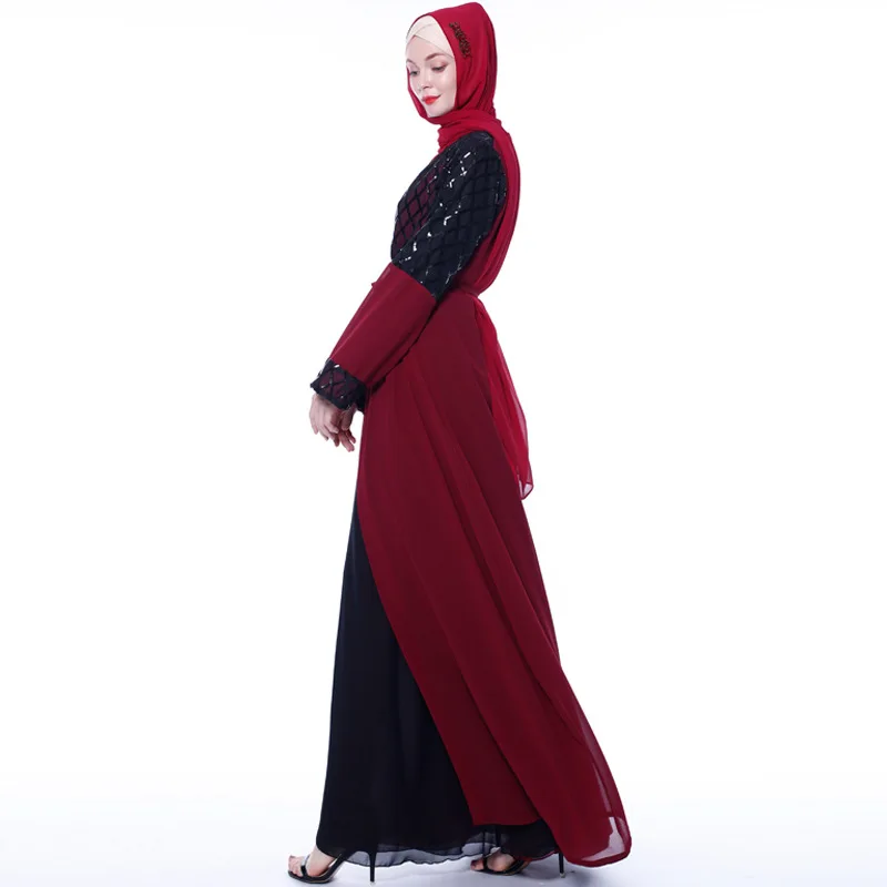 latest Dubai long-sleeved dress Muslim party Abaya ladies Arabian lace cardigan patchwork Turkish Islamic prayer gown robe