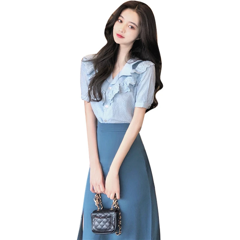 

Front Button 2 Piece Set Dress Women Tight-Fitting Slim Crop Top And Skirt Set Female Knee-Length Dress Two-Piece Y337