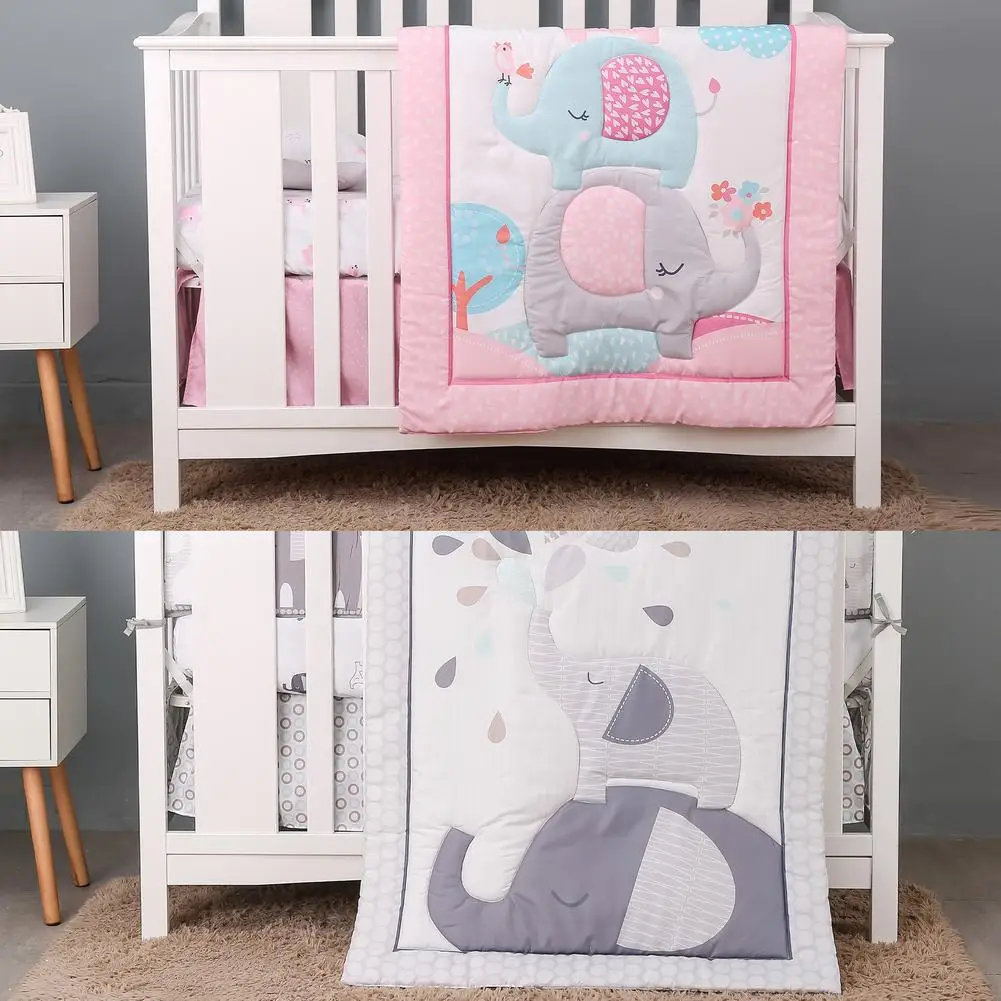 3Pcs/Set Baby Bedding Set Elephants Theme Crib Bedding Set Baby Bed Quilt Bed Skirt Sheet Cotton Animal Design Cot Baby Care