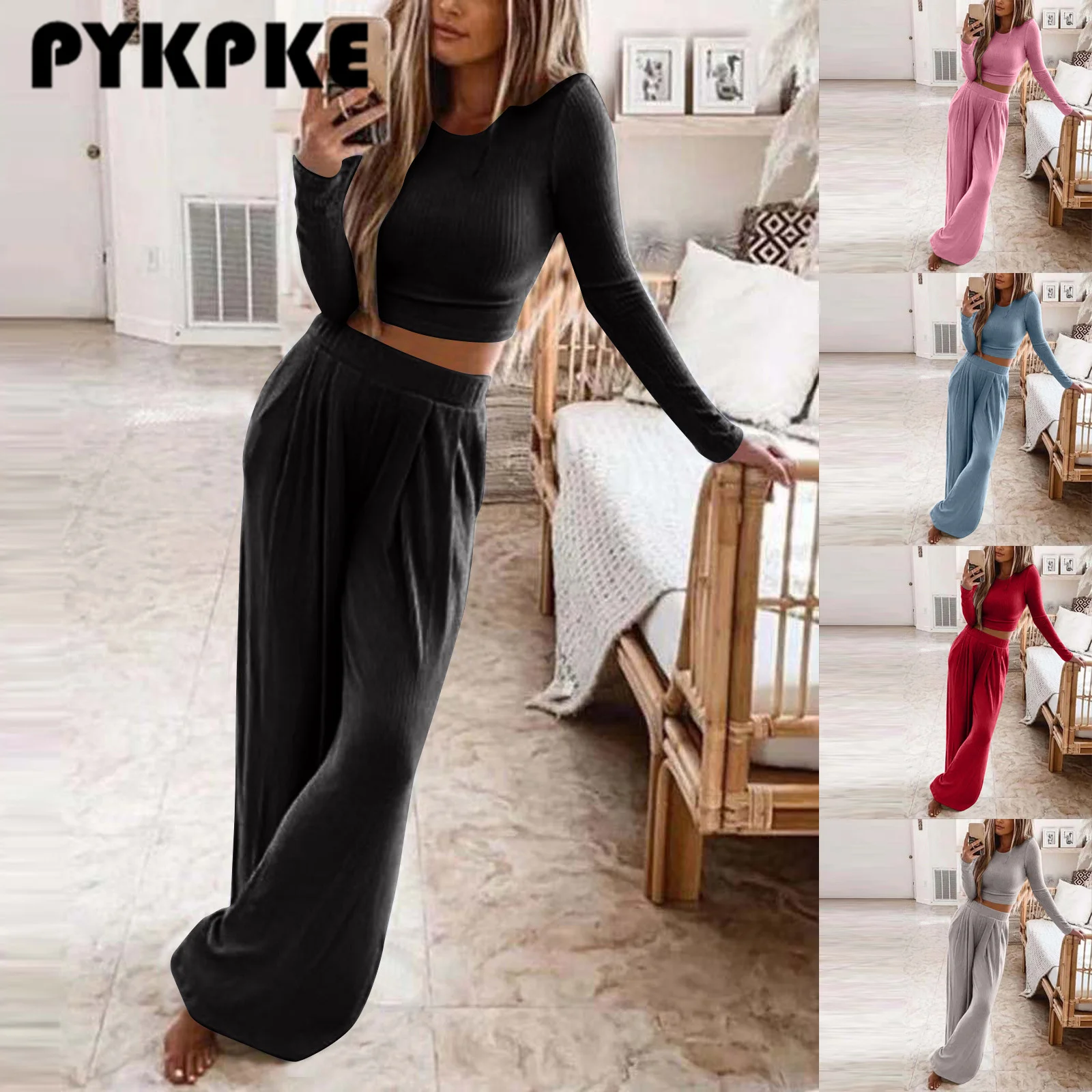 

Women Solid Long Sleeve Crop Top & Wide Leg Pants Set Two Piece Set Autumn Women's Suits