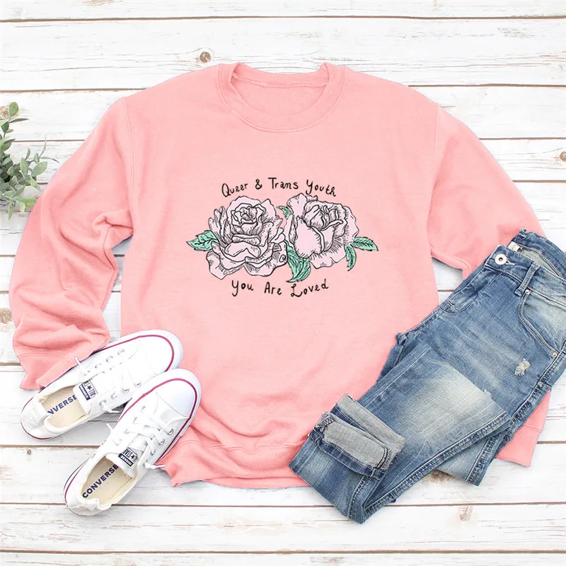 

2021 New Rose Flower Print Pink Women Hoodie Long Sleeve Pullover Sweatshirt O-NECK Women Clothes Harajuku Hoodies Casual Tops