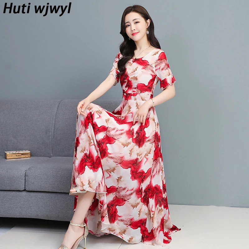 

Casual Beach Vacation Midi Dress Summer Elegant Women Bodycon Party Prom Vestidos 2022 Vintage Print Chiffon Boho Maxi Sundress