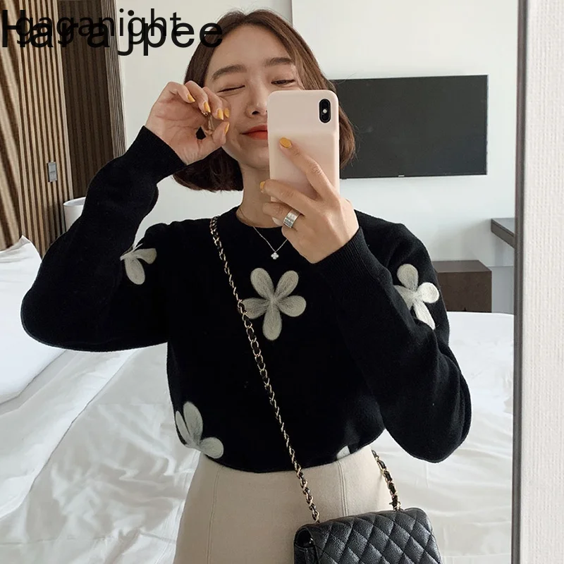 

Пуловер в стиле харадзпи, свитер в стиле ретро с цветочной вышивкой, контрастные вязаные топы с круглым вырезом, новинка сезона осень-зима ...