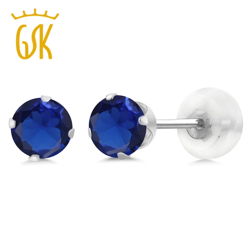 Круглые серьги гвоздики GemStoneKing 4 мм с синим цирконием 10 к из белого золота