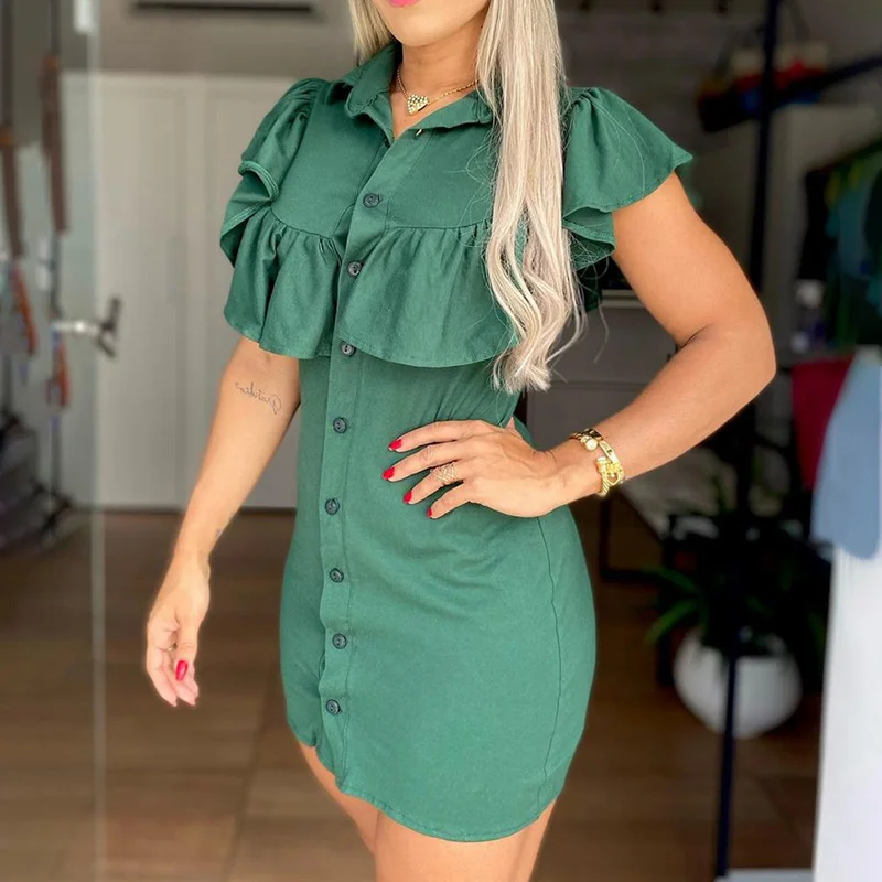 

Women Turn-Down Collar Ruffles Ruched Mini Dress 2021 Elegant Short Sleeve Button Summer Streetwear Slim Dress Vestidos