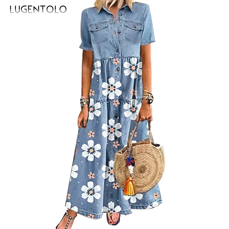 

Women Large Size Dress Short Sleeve Summer Print Lapel Dresses Polyester Single-breasted Loose Print Casual Long Dress Lugentolo