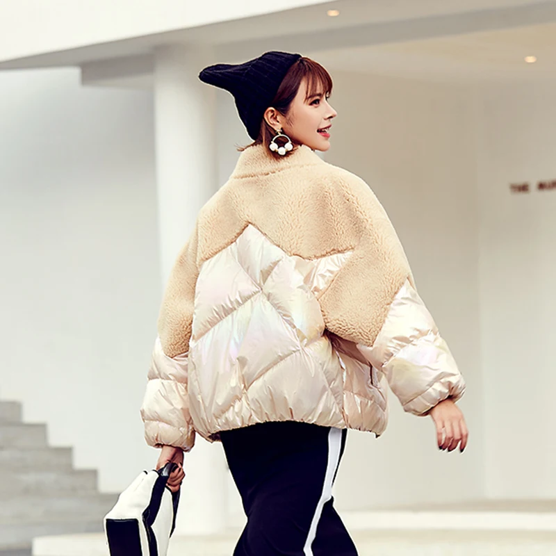 Женское зимнее пальто 2019 натуральный 70% мех ягненка короткий 90% белый пуховик
