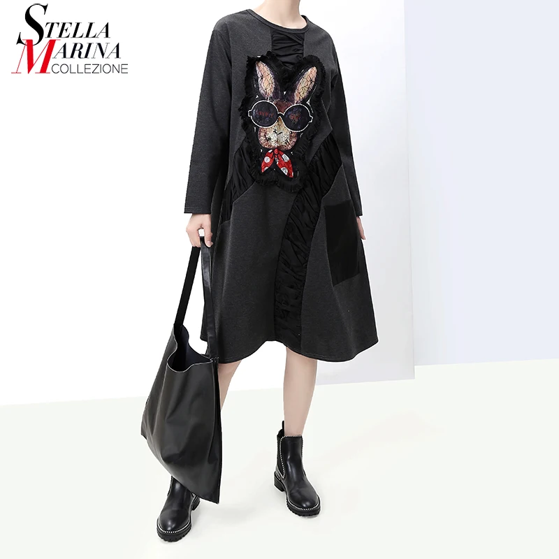 Новинка 2019 женское черное зимнее платье в японском стиле с длинным рукавом