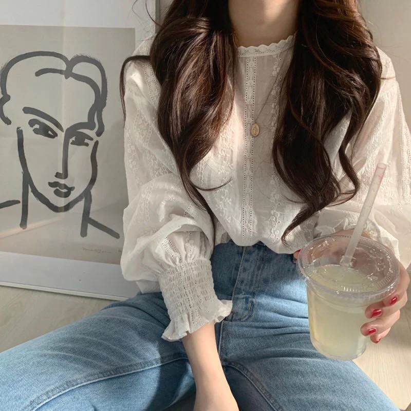 

Summer Korean O-Neck Women Chiffon Tops And Female Blouses Ladies Casual Long Sleeve Shirts Ladies Solid Kawaii Blusas Mujer
