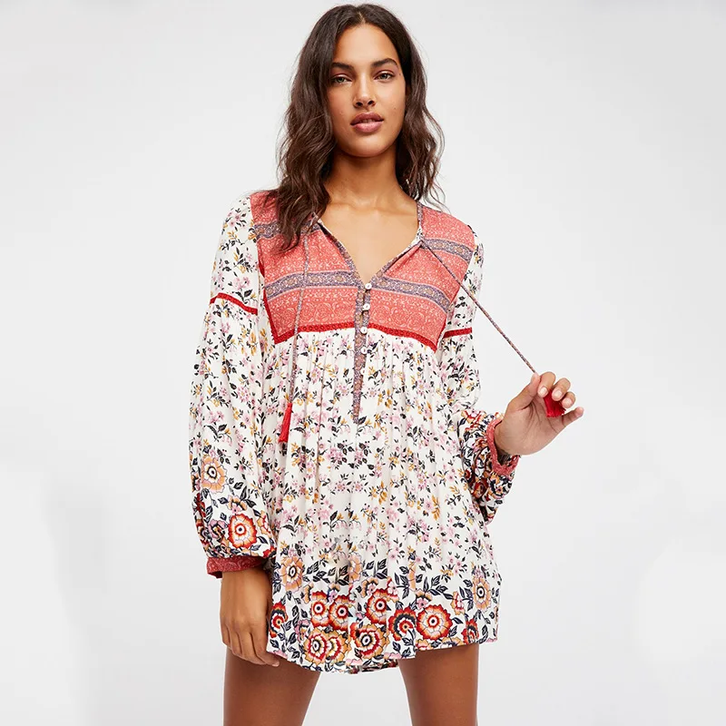 

Summer Red Sexy Long Sleeve Floral Silky Skirt Beach Dresses For Women 2021 New V-Neck Sun Protection Fashion Selling clothes