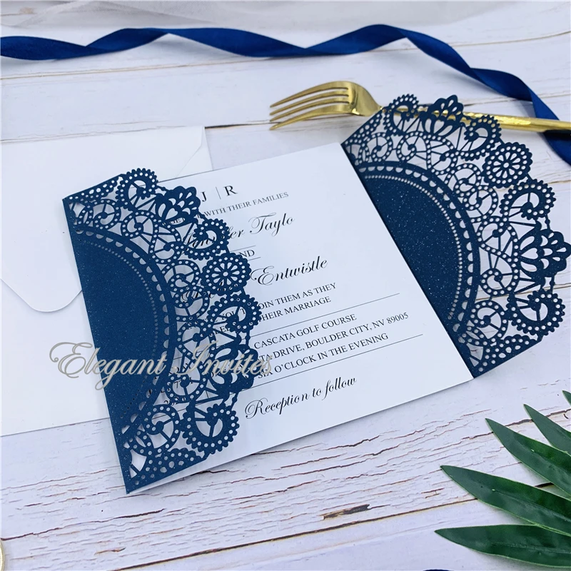 Элегантные Пригласительные открытки Dark Navy с лазерной резкой блестящие свадебные