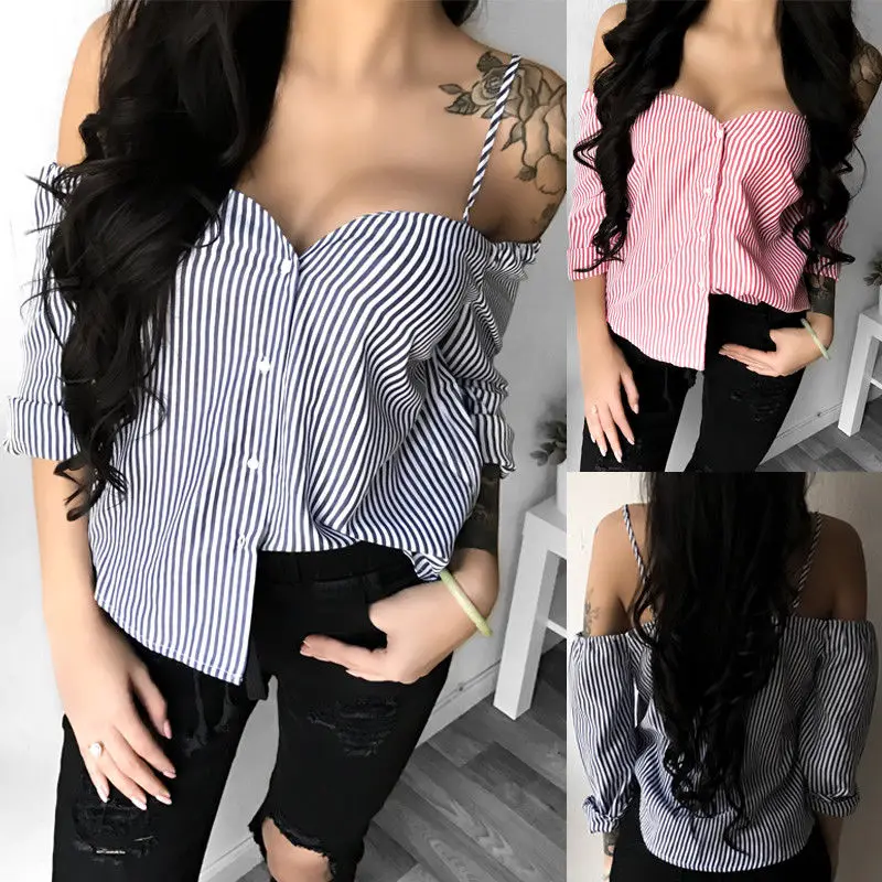 

Sexy Stripe Blouse Women Autumn Long Sleeved Shirts Tops Fashion Off Shoulder Button Blouses Strapless Slash Neck Blouse Clothes