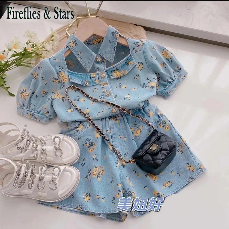 

Summer Girls 2 Pcs Set Baby Blouse + Hot Shorts Kids Denim Suit Children Fashion Clothes Floral Print Hollow Out 2-9Y