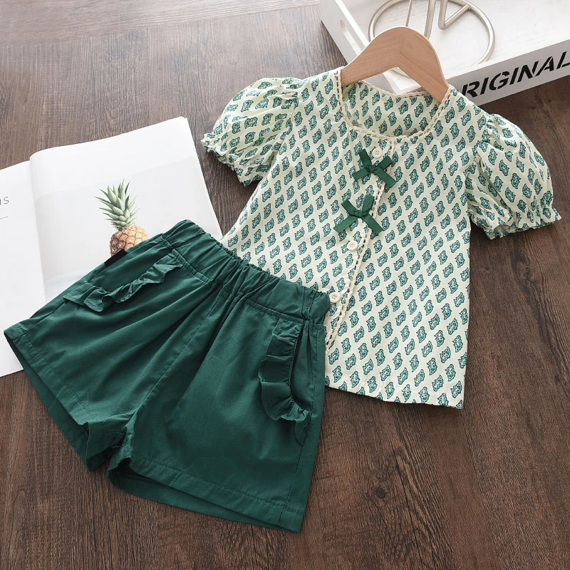 

Floral Toddler Baby Girls Kids Summer Clothes O-neck Flower Short Sleeve High Waist Green Tops Shorts Outfit Sets 2PCS 2-6Y Suit