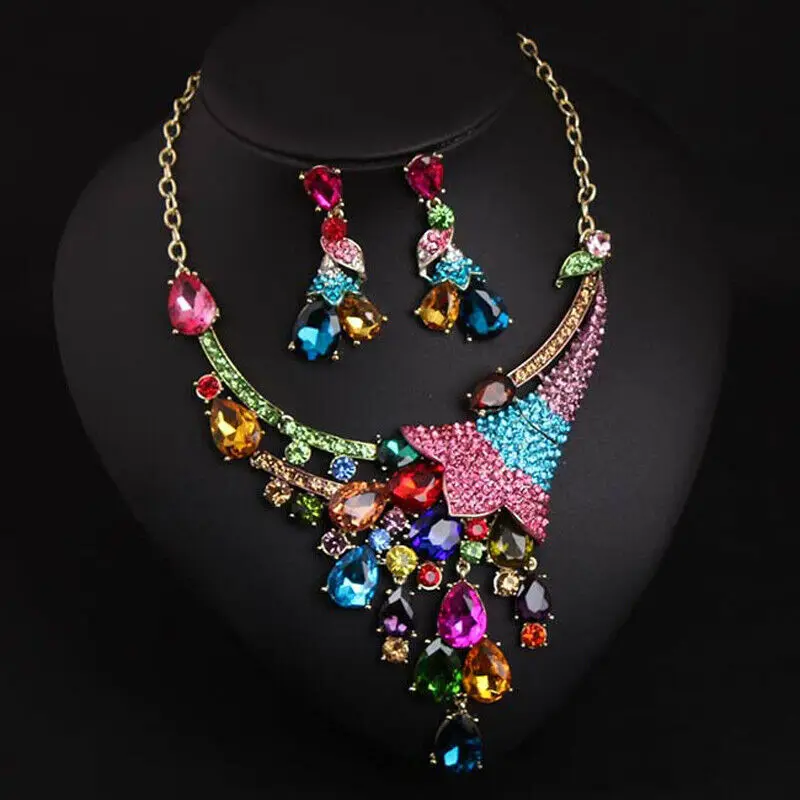 Fashion Crystal Necklace Earring Bridal Women Party Rhinestone Jewelry Set Multicolor Gem Statement Choker Indian Luxury Collars | Украшения