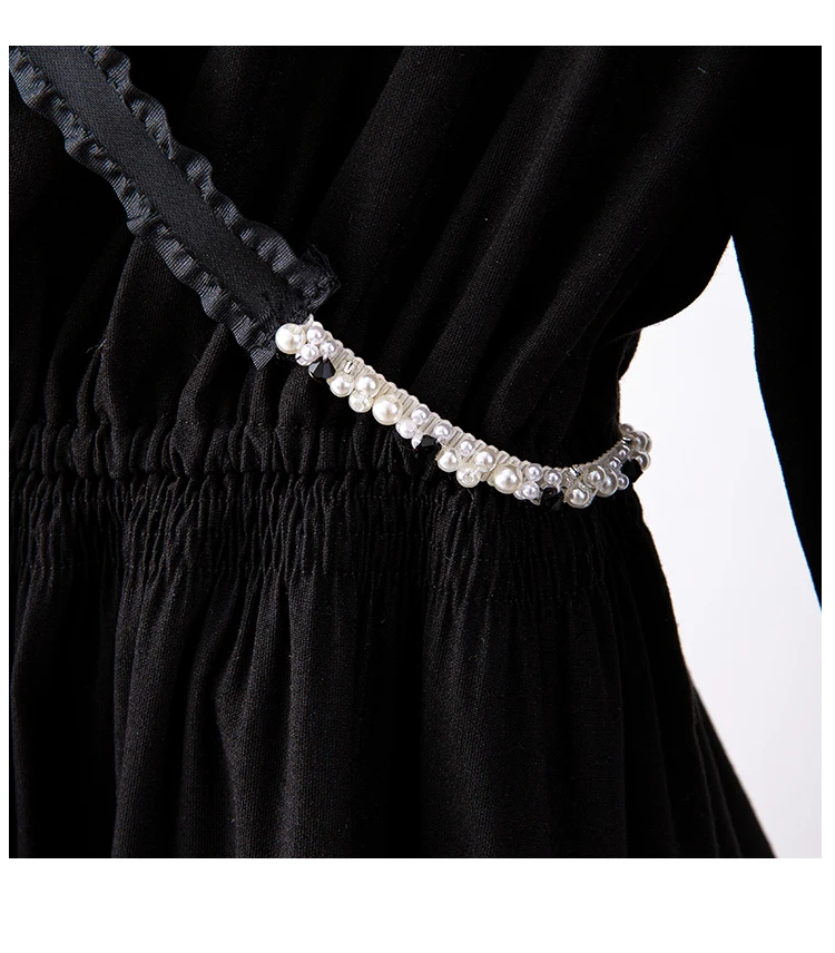 

Black Dress Irregular Pearl Chain Decorative Hem Mesh Stitching Puff Short Sleeve Pleated Waist Tight Midi Dress for Women