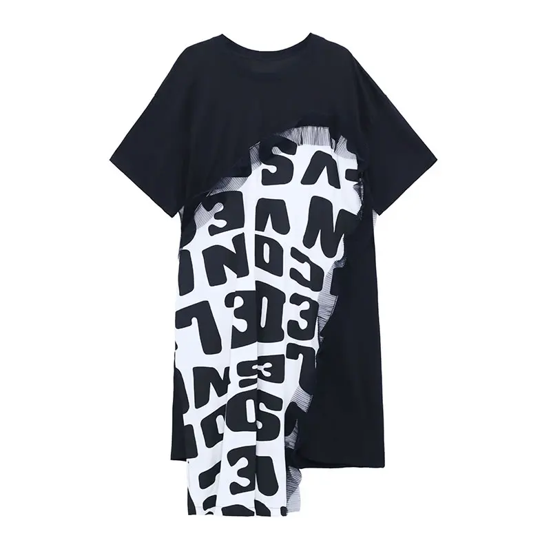 

XITAO Irregular Patchwork Letter Dress O-neck Short Sleeve Summer New Style Casual Loose All-match Mid-length Dress LDD2075