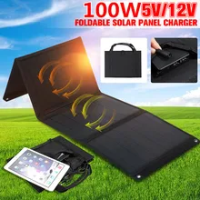 100W Foldable Solar Panel 12V/5V Portable Battery Charger Dual USB Outdoor Waterproof Power Bank for Phone PC Car RV Boat