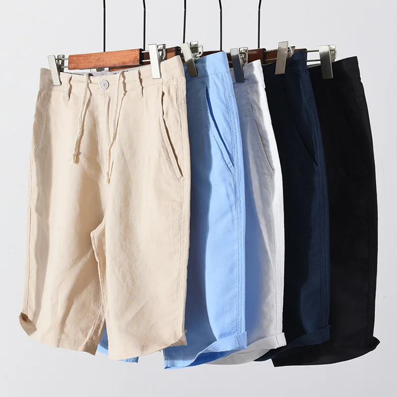 

037 Men's Casual Linen Cotton Shorts Straight Thin High Quality Loose Youth Breathable Drawstring Plus Size Knee Length Pants