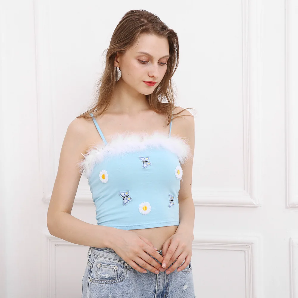 2020 летний пушистый с рисунком бабочка без рукавов Белый Топ ромашки укороченный
