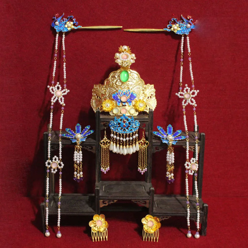 Тиара с длинными волосами голубая перегородчатая императрица Фоникс тиара для