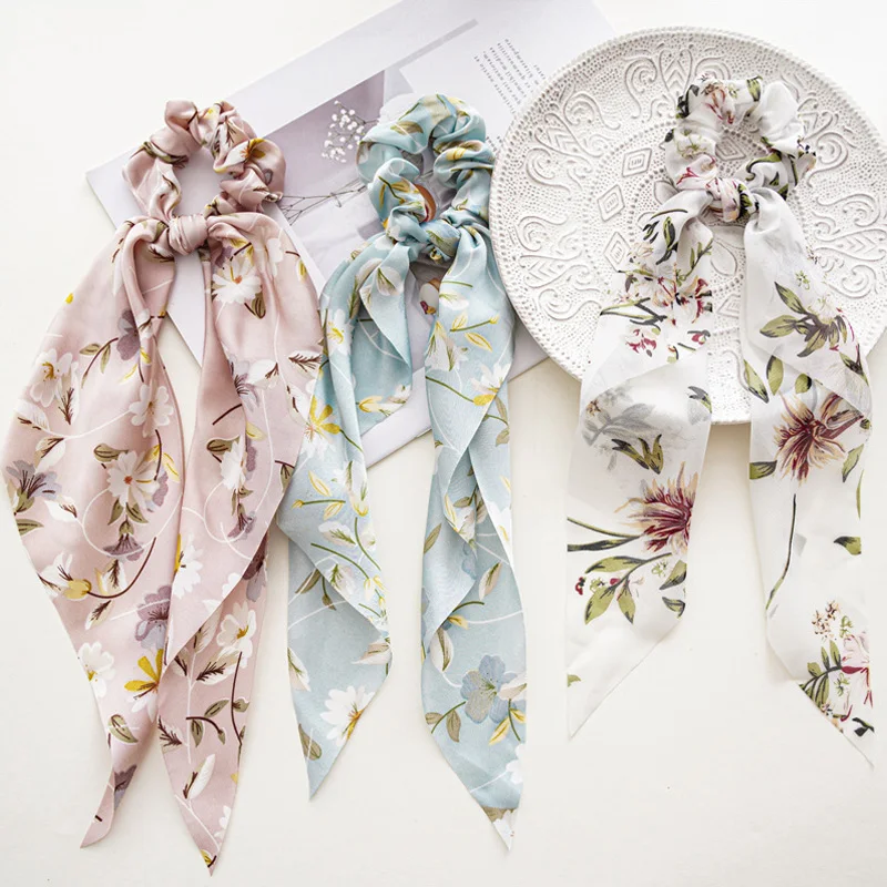 

2021 New Fashion Print Bow Satin Long Ribbon Ponytail Scarf Hair Tie Scrunchies Women Girls Elastic Hair Bands Hair Accessories