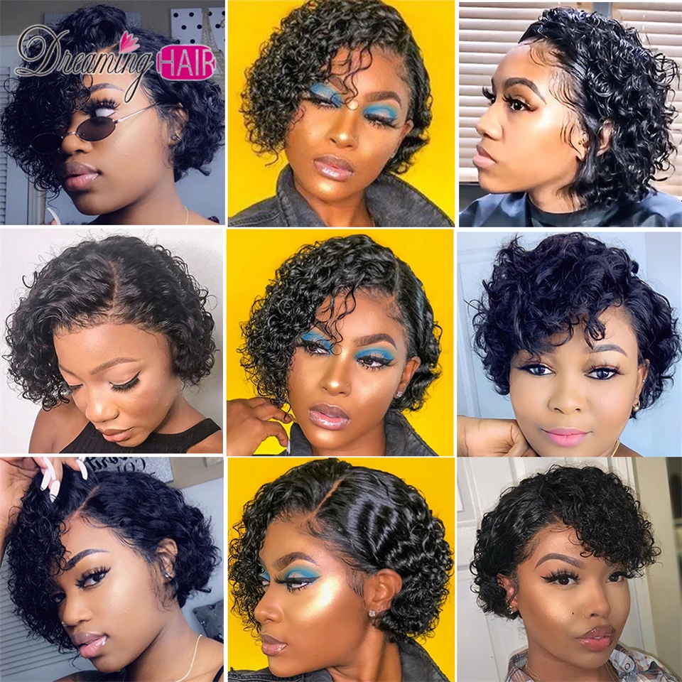 Pixie Cut парик кудрявый боб кружевные передние человеческие волосы парики для