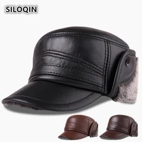 siloqin genuine leather hat men thicken warm first layer cowhide military hat winter outdoor earmuffs flat cap dad leisure hats