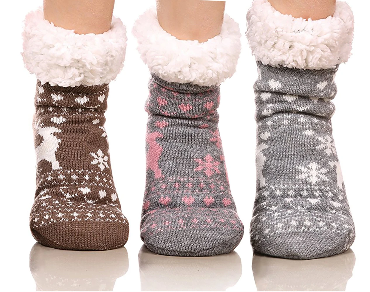 brown pink gray Skinfullysweet/Стильные домашние носки-тапочки с оленем домашние тапочки женские зимние теплые пушистые Нескользящие домашние носки-Тапочки - Цвет: brown pink gray