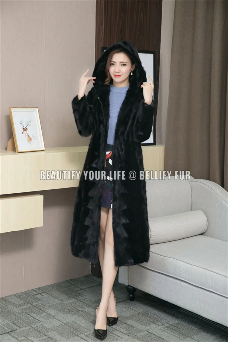 Женский Длинный тренчкот с капюшоном теплый из натурального меха норки