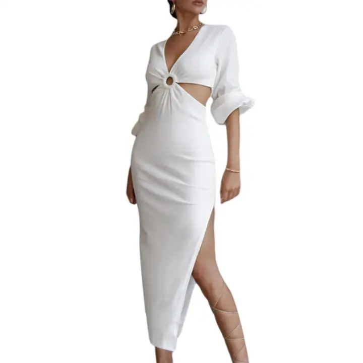 

Women’s Casual Long Sleeve Skinny Dress Fashion Solid Color V-neck Hollow Split Mid-length Dress