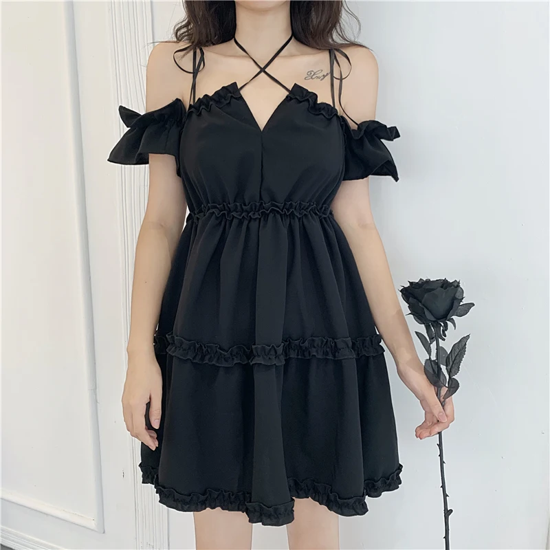 

Gothic Dress Women Pleated Black Off Shoulder Short Sleeve Strap Backless Mini Dresses 2020 Empire Ruffles Casual Women Clothing