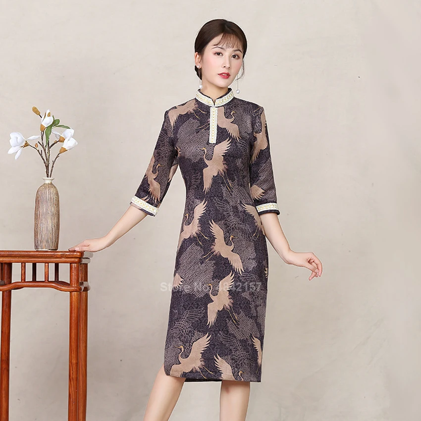 

Half Sleeve Mandarin Collar Women Chinese Qipao Dress Crane Print Oriental Vintage Sexy Tight Bodycon Cheongsam Outfits