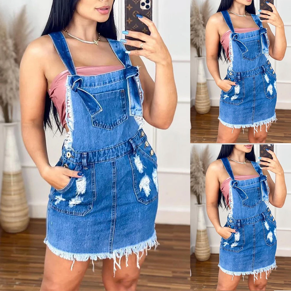 

Women Bow Strap Denim Skirts Ripped Pockets Short Jeans Skirt Female Suspender Sexy Backless Hole Button Overall Skirts D30