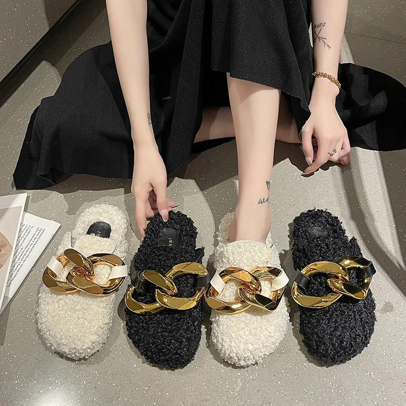 

2022 Winter Fashion Thick-Soled Cork Baotou Slippers Women's Warm Lamb Wool Shoes Metal Chain Half Ladies Plus Size Slippers