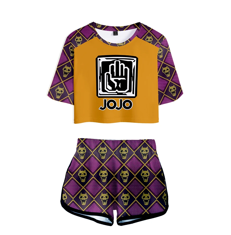 

Summer 3D printed JOJO's fantastic adventure character suit Exposed Navel T shirt+shorts women's/girl's 3D JOJO two-piece sets
